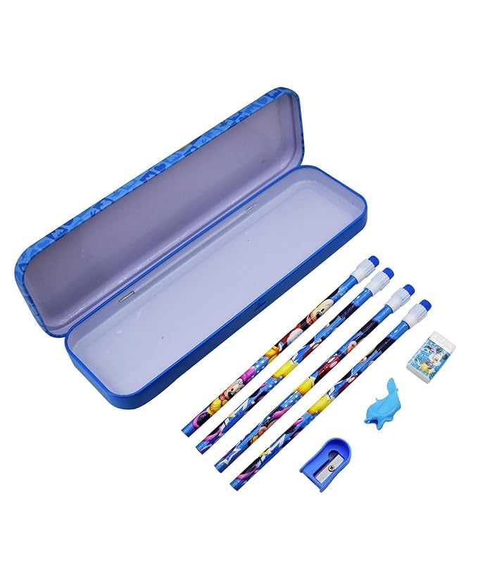 Image of Kidox Stationery Set for Kids- Birthday Gift for Girls, Boys - Metal Geometry Box for Girls & Boys Kids Pencil Box Set, Pencil Case Set, Pencil, Erasers, Sharpener for Children-Blue Micki-Mouse