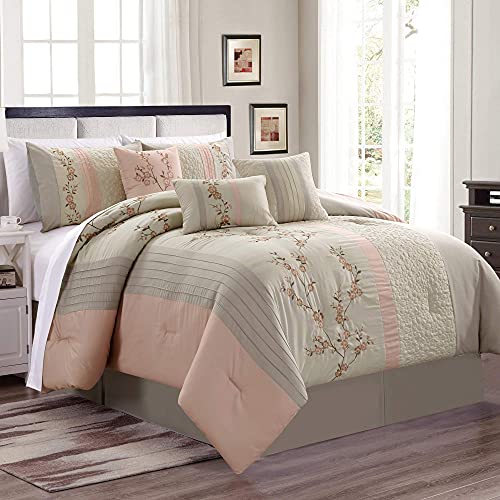 70% Off Everything Linnea 6-Piece Luxury Blush Cherry Blossom Floral Embroidery Bedding Comforter Set, Twin