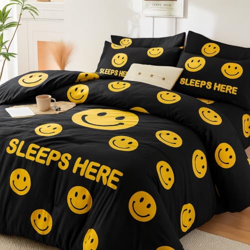 Image of 200 GSM 400 TC Kids Glace Cotton Reversible Cartoon Printed Double Bed King Size Comforter with Matching Bedsheet 90 * 100 with 2 Pillow Covers Set of 4 Pieces (Black Smile)