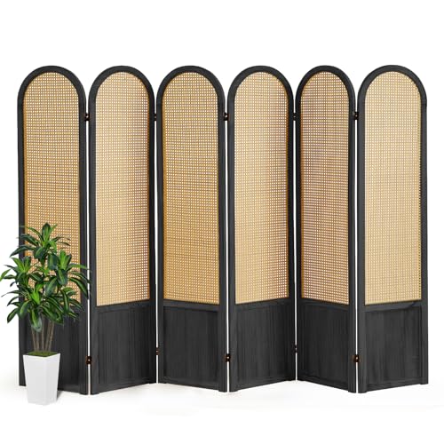 Asnefeli Divisor de habitación de 4 paneles, pantalla de privacidad plegable, panel divisor de habitación de ratán de madera, pantalla de división portátil, divisor de pared para separación de