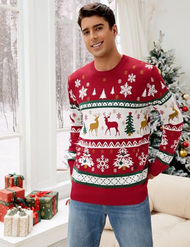Namatime Weihnachtspullover Herren Lustig Weihnachtspulli Ugly Christmas Sweater Rundhals Strickpullover mit Elch Unisex Weihnachts Pullover Familie Set Rot-Weihnachtsbaum S