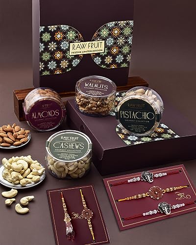 Image of Rakhi Set Of 5 Rakhi For Brother Dry Fruits Combo Pack Rakhi Gift Hamper Rakhi With Gift Small Pet Jars Pack Of 4 Dry Fruits Cashew Walnut Almond Pista Flowers Of Ganesha Rakhi Set Of 5