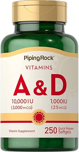 Piping Rock Suplemento de vitamina A y D 10000 UI 1000 UI 250 cápsulas blandas Sin OMG, sin gluten
