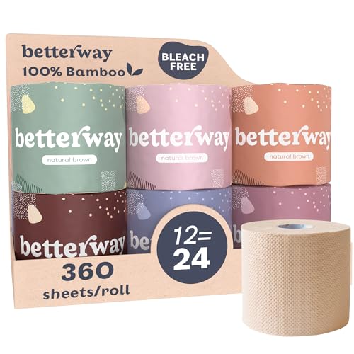 Betterway Unbleached Bamboo Toilet Paper Rolls - Eco-Friendly 3 Ply Toilet Tissue - 12 Double Rolls - 360 Sheets/Roll - Organic, FSC Certified, Septic Safe TP - Lint-Free, PFA-Free Bath Tissue