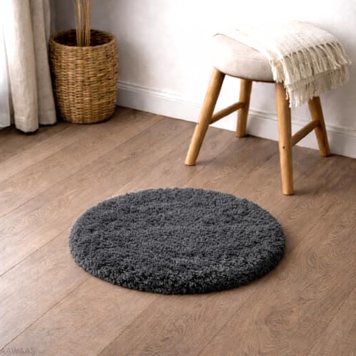 Image of Premium Polyester Shaggy Round Rug - Ultra Soft Fluffy Circle Carpet for Bedroom, Living Room, Kids Room, Anti-Skid Plush Floor Rug - (Dark Grey, 2 feet|60cm)