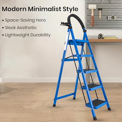 Image of Norman Jr Blue 5 Step Ladder for Home Use with Built-in Tool Tray | Heavy Duty D Shape Rods | Ultra Large Platform | Wide Rubber Feet | 150Kg Capacity Foldable Ladder - 7 Years Warranty