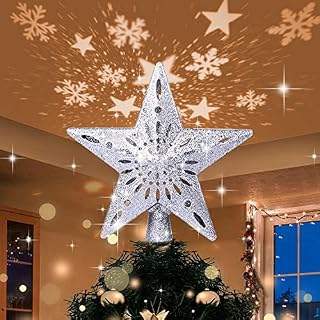 Christmas Tree Topper with LED Light Up Projector, Silver Star Xmas Tree Topper, 4m USB Powered Revolving Star and Snowflake Projector, Christmas Tree Decorations Home Party Bedroom( Silver )