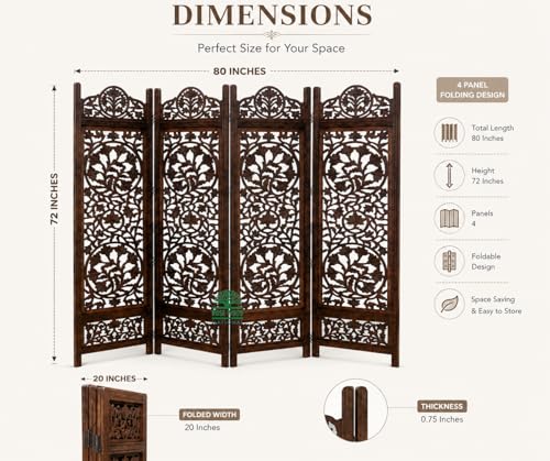 Image of Wooden Room Divider 6 Feet, 4-Panel Folding Wooden Partition for Living Room, Office, Pooja Room, Restaurant, Kitchen & Balcony (2W x 1.82H Meters). (Dark Brown)
