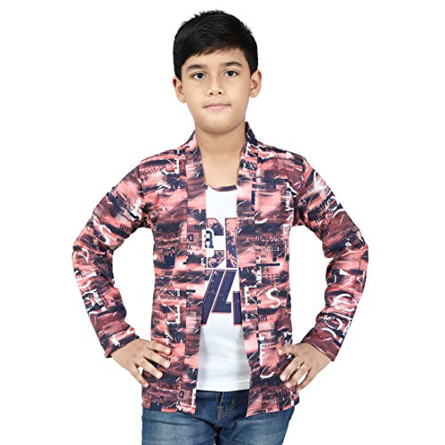 Image of Boy's Full Sleeve Cotton White Printed T-Shirt with Yellow Jacket Shrug Look Smart and Comfortable for Any Casual and Festive Purpose