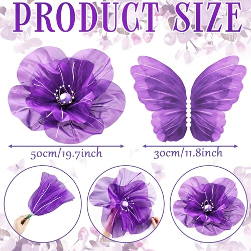 Image of Cinnvoice 8 Pcs Large Purple Butterfly Flower Decorations 20 Inch 12 Inch 3D Giant Silk Butterfly Big Flower Mariposas Grandes para Decoracion for Wedding Backdrop Birthday Party