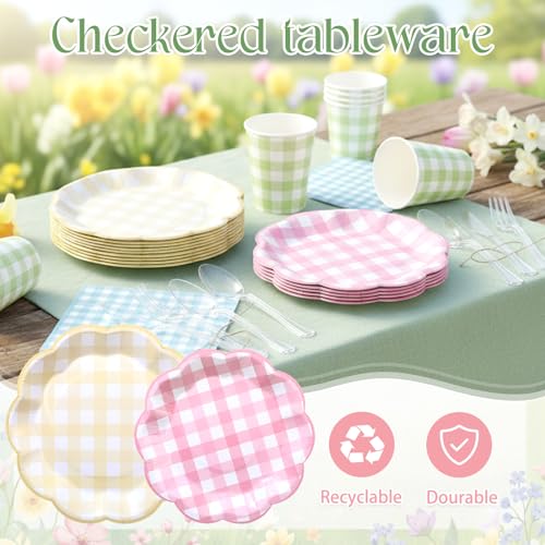 FillTouch 50 Sets Spring Pastel Gingham Disposable Tableware Pink Yellow Paper Plates Green Cups Blue Napkins Clear Knives Forks Spoons for Birthday Baby Shower Wedding Party Decoration by FillTouch - Image 5