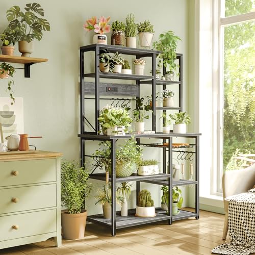 Image of SUPERJARE Large Bakers Rack with Power Outlets, 6-Tier Microwave Stand, Coffee Bar with 12 S-Shaped Hooks, Kitchen Shelf with Wire Basket, 39.4 x 14.6 x 66.9 Inches, Charcoal Gray