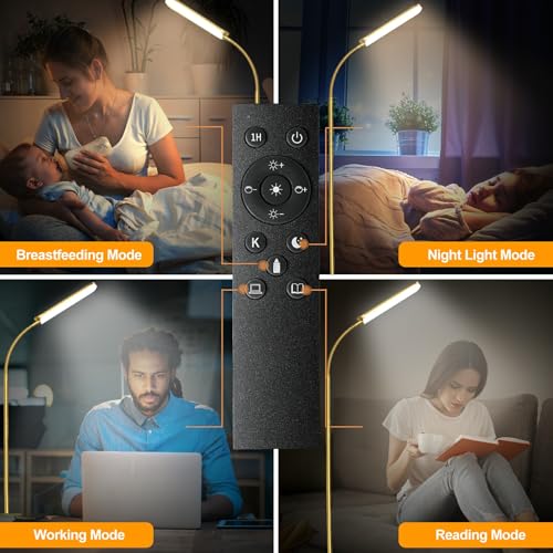 Image of marctronic Gold Floor Lamp, 18W 1800LM Bright LED Floor Lamps for Living Room Bedroom, Dimmable Timing Eye Caring Reading Standing Lamp with Remote & Works with Smart Plug