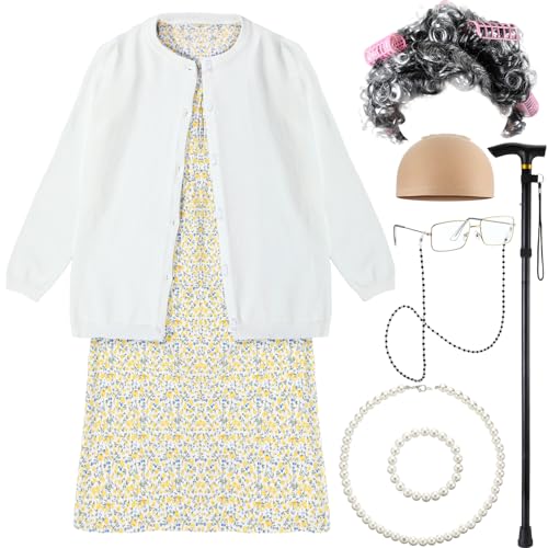 Croknit Disfraz de anciana para niñas de los 100 días de escuela, 9 piezas, para abuelas, pelucas, accesorios de cosplay (3-4 años, estilo elegante)
