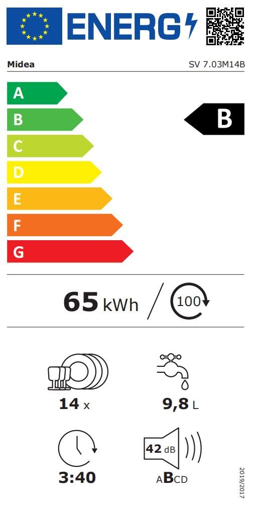Midea SV 7.03M14B Lave-vaisselle entièrement intégré, 60 cm, 14 compartiments standards, tiroir à couverts, entretien hygiénique, avec WiFi, 7 programmes, 42 dB, Dualzone Wash, séchage supplémentaire