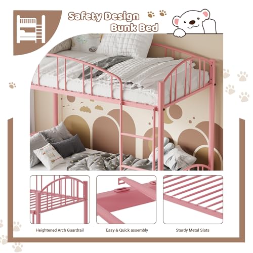 Bunk Bed Twin Over Twin with Stairs and Arched Guardrail, Sturdy Metal Slats Support, Space Saving, Noise Free, No Box Spring Needed, Ideal for Kid Room and Dorm, Pink