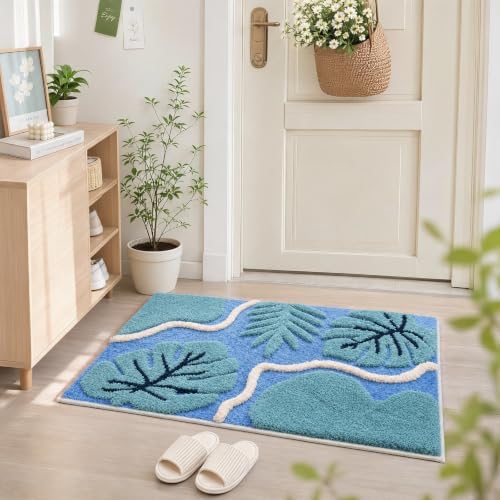 BLESWIN Blue Bathroom Rug 20" x 32" – Monstera Leaf Non-Slip Bath Mat, Cute Absorbent Soft Machine Washable Quick Dry Microfiber Decor Plush Door Mat for Shower Floor Sink Bathtub Bedroom — view 8