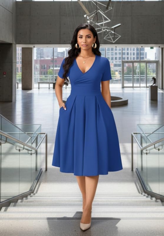 Women's Casual Wrap Dress Wedding Guest Dresses with Pockets Short Sleeve A-Line Swing V-Neck Pleated Dresses - Image 3