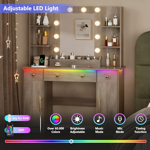 Image of HUANLEGO Vanity Desk with Mirror and Lights, Makeup Vanity with Mirror and LED Lights & Power Outlet, 3 Drawers and Cabinets, 3 Lighting Modes Dressing Table Set for Girls Women Bedroom,Grey
