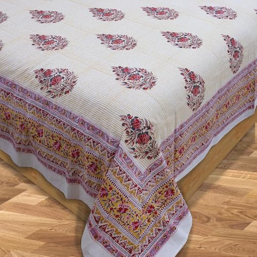 Image of TOAI Hand Block Printed Bedsheet | Bed Spread Flatsheet Bed Sheet | Pure Cotton | Queen Size 90 inchx108 inch | 210 TC Long Staple Cotton | 2 Reversible Pillow Covers |Floral Motives on Yellow Panel