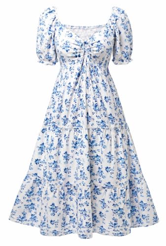 Image of Plus Size Summer Dresses - Sweetheart Neck Drawstring Puff Sleeve Casual Tiered Aline Flowy Midi Dress