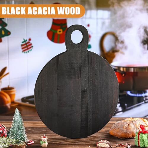 Image of 1 Pcs Acacia Wood Cutting Board with Handle 16.9'' Round Charcuterie Chopping Board for Pizza Cheese Meat Decorative Black Wooden Serving Tray for Kitchen and Dining Room