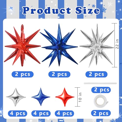 Image of TONIFUL 18Pcs 22Inch Red Blue Silver Explosion Star Mylar Balloons and 10Inch Four Pointed Star Balloons Set for Christmas New Year Birthday Wedding Independence Day Anniversary Photo Booth Supplies