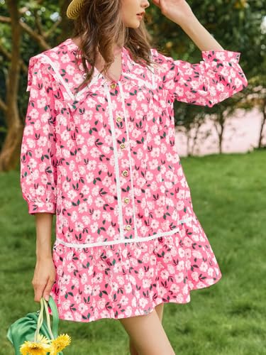 Image of Wenrine Womens Casual Shirt Dresses 3 /4 Long Sleeve Floral Button Down Flowy Babydoll Fall Mini Dress