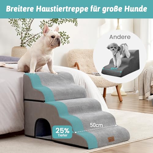 COZY KISS Hundetreppe für Kleine Hunde, Haustiertreppe für Hochbett aus Hochdichtem Schwamm, Hunde Treppe Hunderampe mit Waschbarem Bezug (Grau, 84 × 50 × 57 cm, 5)