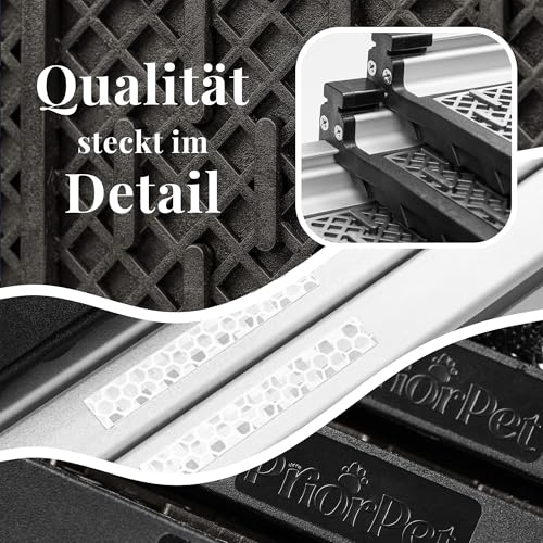 Hunderampe Auto Klappbar - Stabile und rutschfeste Hundeleiter Auto & SUV bis zu 90kg Belastbar - Teleskop Alu Rampe für große Hunde - Reflektierende Seiten - Hundetreppe - Befestigungsclip - Grau