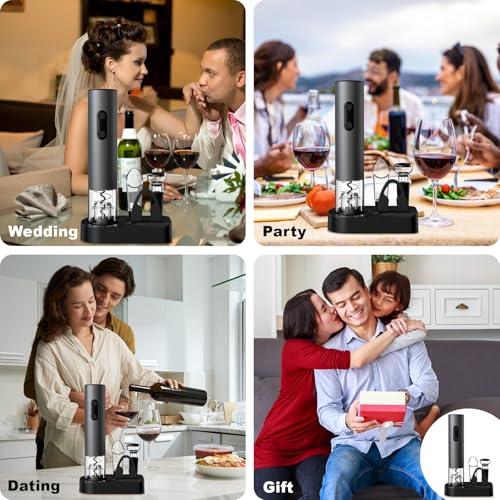 COKUNST Electric Wine Opener, 4-in-1 Wine Bottle Opener Set with Base, Cordless Automatic Battery Operated Corkscrew with Foil Cutter, Pour, Vacuum Stoppers, Gift for Home Party, Staninless Steel