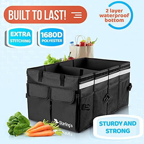 Starling's Car Trunk Organizer - Super Strong, Foldable Storage Cargo Box For Suv, Auto, Truck - Nonslip Waterproof Bottom, Fits Any Vehicle, Come W/ Adjustable Tie-Down Straps W Lid (Black, 2 Compartments) #TOP6