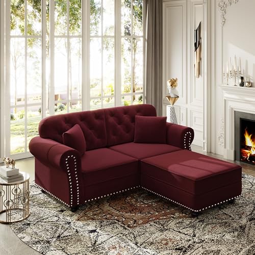 Image of KEIKI 63 inch Velvet Chesterfield Sofa with Rolled Arms & Nailhead Trim & 1 Ottoman, Modern 2-Seater Button Tufted Couch with High Resilience Cushion & 2 Pillow, Easy Assembly, for Living Room, Burgundy