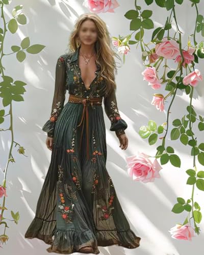 Women's Vintage Pastoral Flower Sexy V-Neck Long Sleeve Western Long Dress, Womens Floral Ruffle Flowy Maxi Dresses2