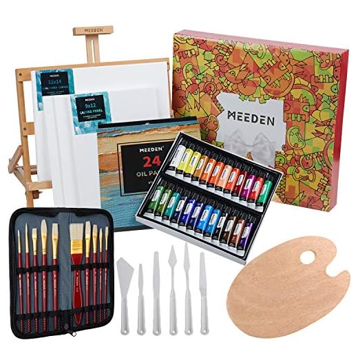 MEEDEN 46-Piece Oil Painting Set with Beech Wood Table Easel, 12MLX24 Oil Paint Tubes and All The Additional Supplies, Perfect for Beginning Artists, Students and Kids