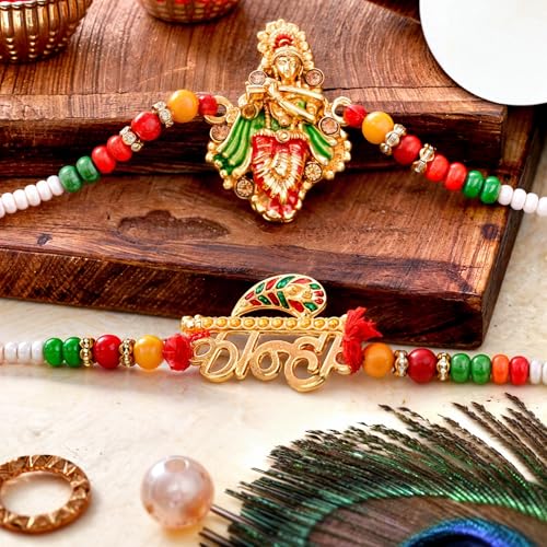 Image of Set for Brother Set of 2, Designer Peacock Rakhi for Brother Boy Men, Premium Kalash Raki for Bhaiya, Traditional Rakshabandhan Rakhis with Best Wishes Card and Tillak Set, Thread (ew)