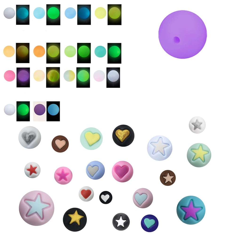 YEYULIN 34Pcs Silicone Loose Beads Luminous 15mm Round Rubber Beads Shaped Beads Jewelry Making Large Beads for Bracelets Necklace Jewelry Making Supplies(14 Glowing in The Dark Colors)