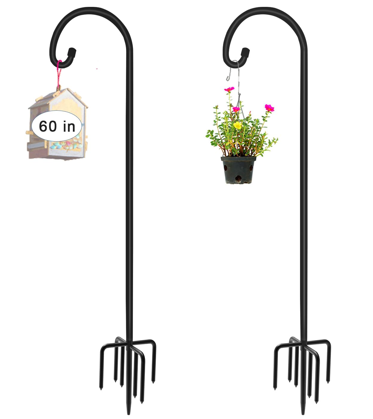 Artigarden 60 inch Outdoor Shepherd Hook with 7 Prong Base (2 Packs), Adjustable Heavy Duty Garden Hanging Stake for Bird Feeder Solar Light Plant Hanger Wedding Decor, Matte Black