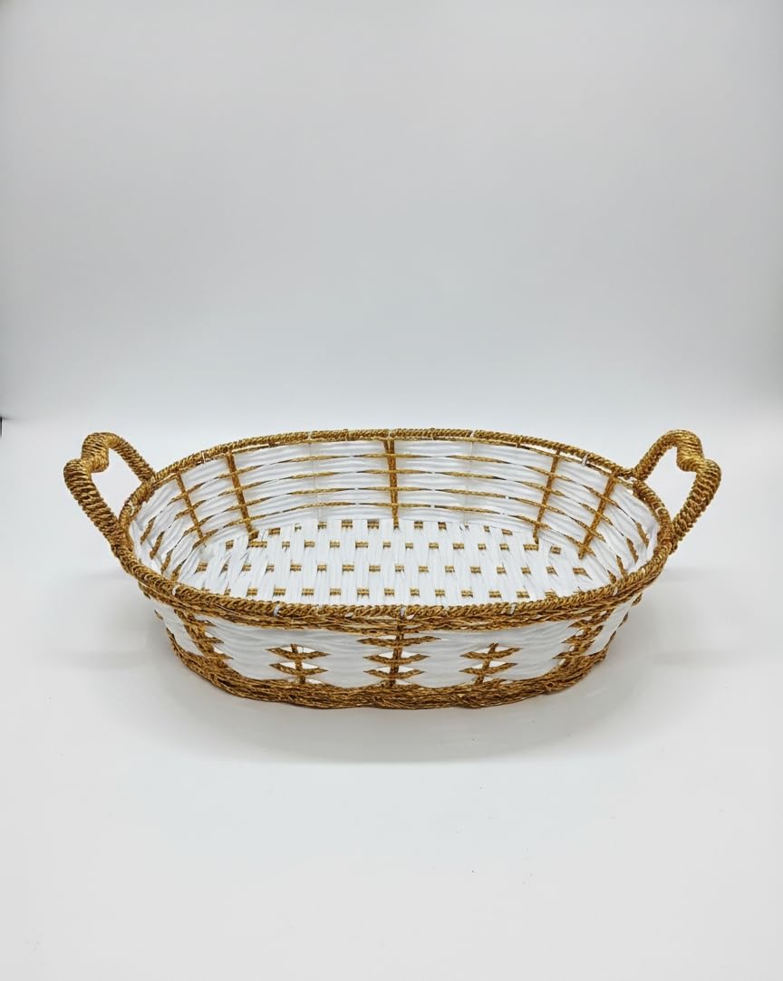 Elegant White & Gold Bamboo(Fabric) Basket with Rope Handles | Decorative Oval Storage Tray for Cosmetics, Bread, Fruit, or Gift Hamper Creation 2