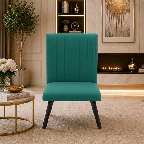 Image of Modern Velvet Accent Chair for Living Room | Upholstered Single Seater Chair with Metal Legs | Comfortable Seating for Bedroom, Office & Guest Room - Green