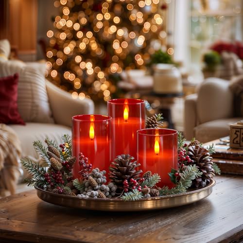 Image of Homemory Red Glass Flameless Candles, Battery Operated LED Pillar Candles with Remote Control and Timer, Radiance Candles, Real Wax, Set of 3,D3 xH4 5 inch 6 inch