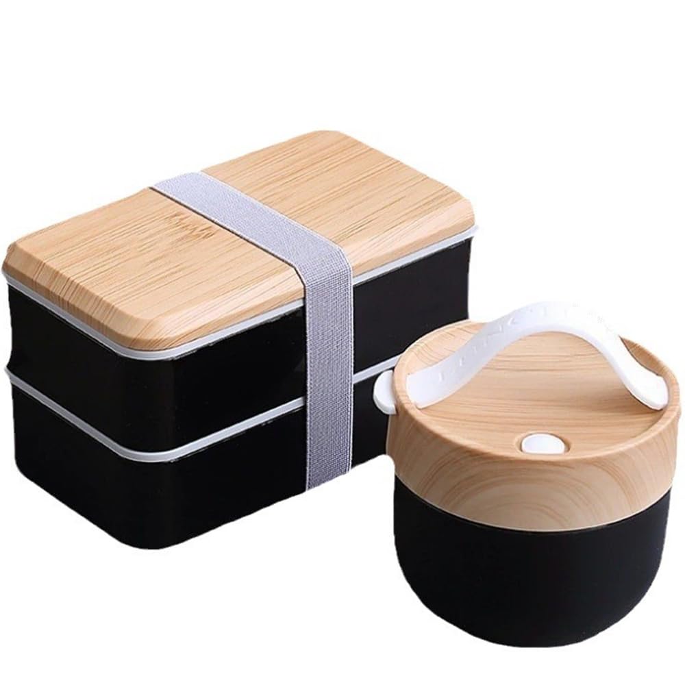 TOMVAESWood Bento Box Set, Black Double Layer Lunch Box, Stackable Microwave-Safe Lunch Containers With 600ml Soup Bowl, Adults Kids Bento Container With Cutlery, 18.5 * 10.6 * 11.8cm
