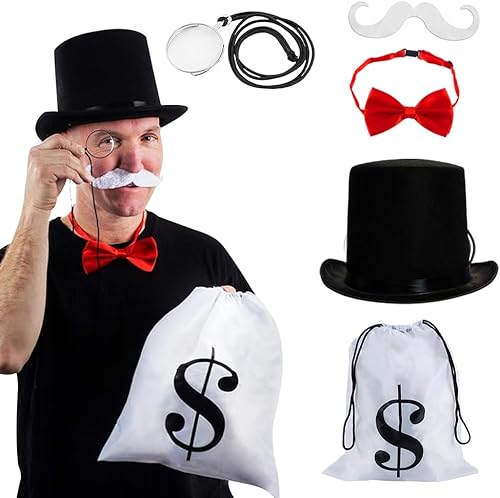 Tigerdoe Accesorios para disfraz de tío rico, disfraz de juego de mesa, bolsas de dinero para disfraz de caballeros, sombrero de hombre rico, 5
