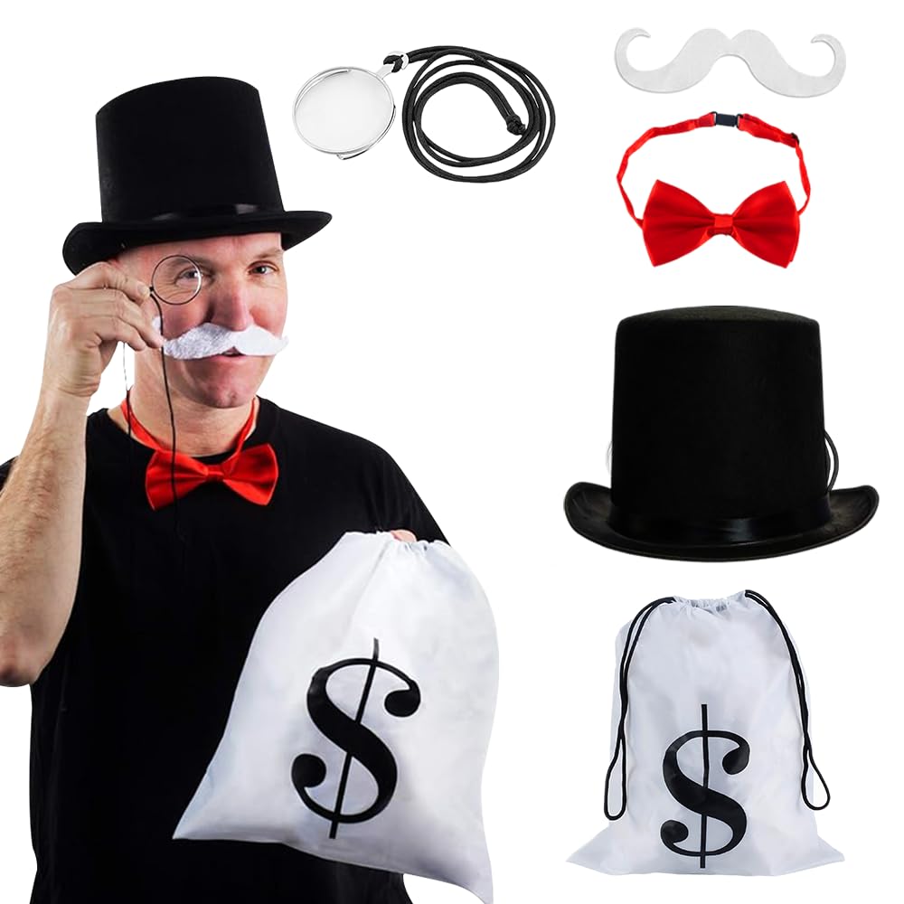 TigerdoeRich Uncle Costume Accessories - Board Game Costume - Gentlemen Costume Money Bags - Rich Man Top Hat - 5 Pc