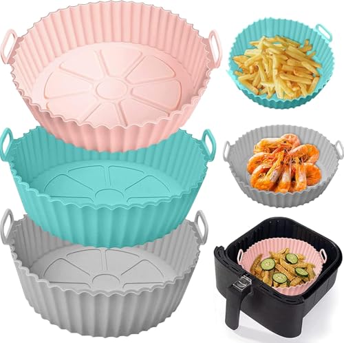 Image of Reusable Silicone Air Fryer Liners Round Bowl | Heat Resistant Non-Stick Basket for Air Fryer, Oven, Microwave | BPA-Free Food Grade Silicone Pot for Cooking, Baking & Roasting 3Pcs