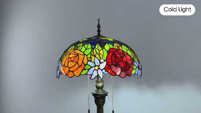 Image of Tiffany Style Floor Lamp, 16 inch Stained Glass Rose Floral Shade with Antique Bronze Base, 2-Light E26 Pull Chain Standing Reading Light for Living Room, Bedroom, UL Listed, 16x16x64 Inches