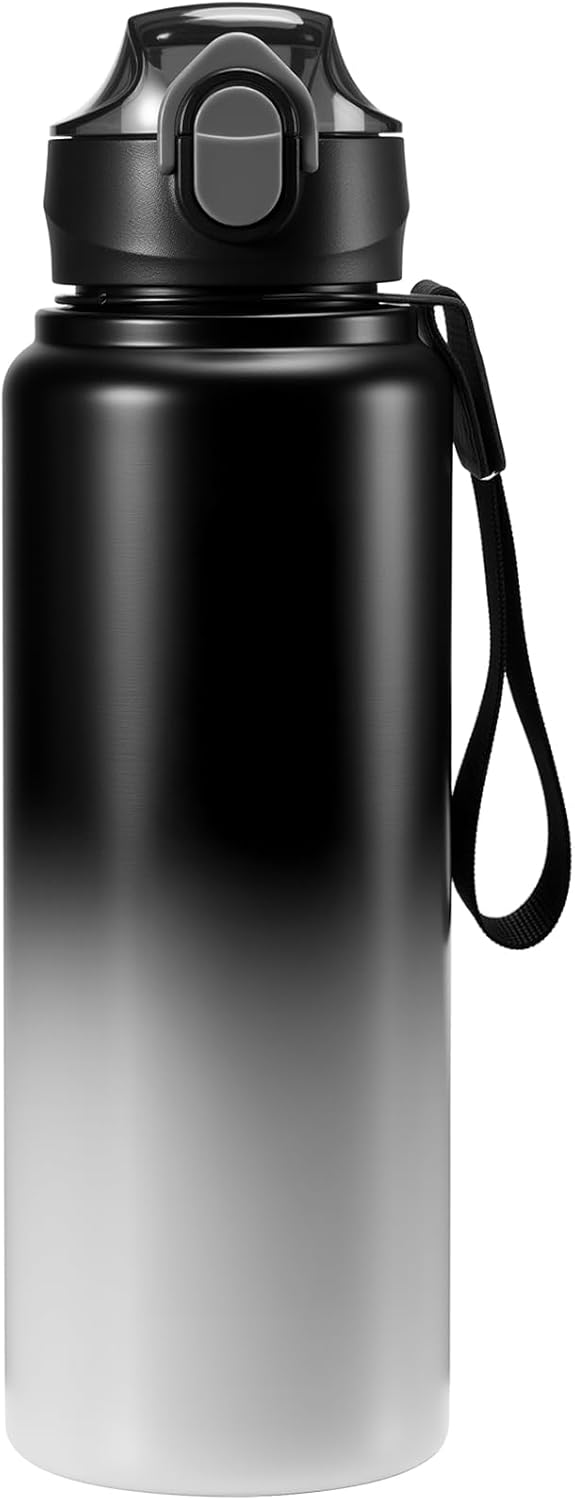 1L/33oz Insulated Water Bottle with Straw Stainless Steel Food Material Big Water Bottle Food Grade Waterbottle for Adults-Gradient Black For Sports,Travel,Hiking,Camping,Office