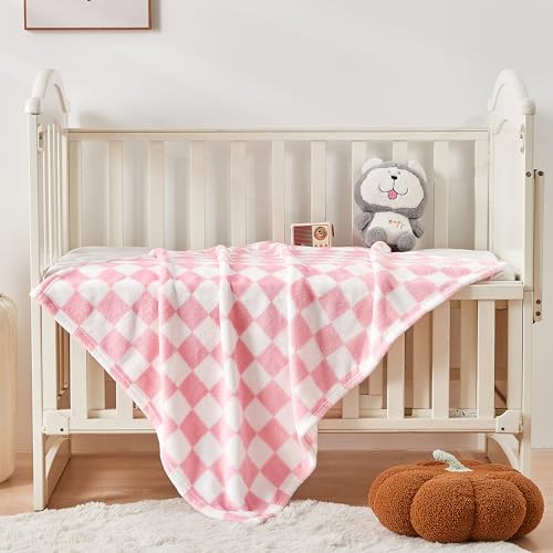 Image of Yurhap Checkered Baby Blanket for Girls Pink Fleece Baby Blankets for Girls Boys, Warmer Comfort Lightweight Bed Blanket for Toddlers Infants or Newborn, 30''x40'', Pink