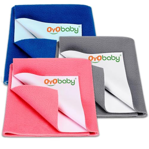 Image of OYO BABY Dry Sheet for Baby - Medium Pack of 3 (70x100 cm) | Quick Dry & Absorbent Waterproof Bed Protector | Reusable Soft Breathable Mattress Sheet for New Born Baby (Royal Blue, Grey & Salmon Rose)