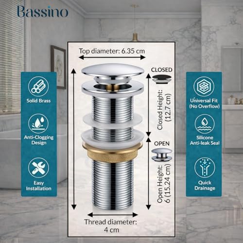Image of BASSINO Premium 5 Inch Brass Waste Coupling /Washbasin Drainer /Rust-Proof Pop-Up for Basin /Drain Stopper for Tabletop, Wall-Mount & Pedestal Wash Basins(Chrome Finish)